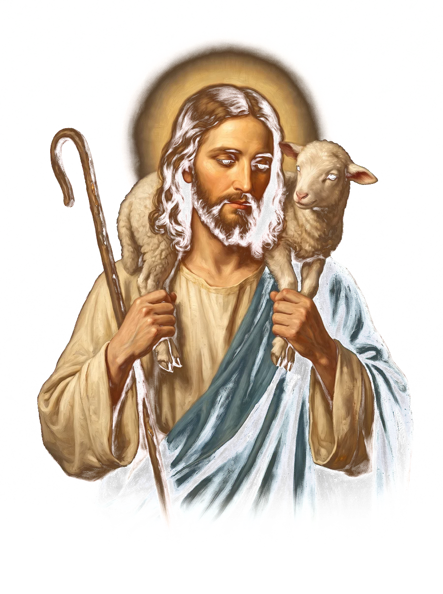 Painting of Jesus the Good Shepherd carrying a lamb on his shoulders
