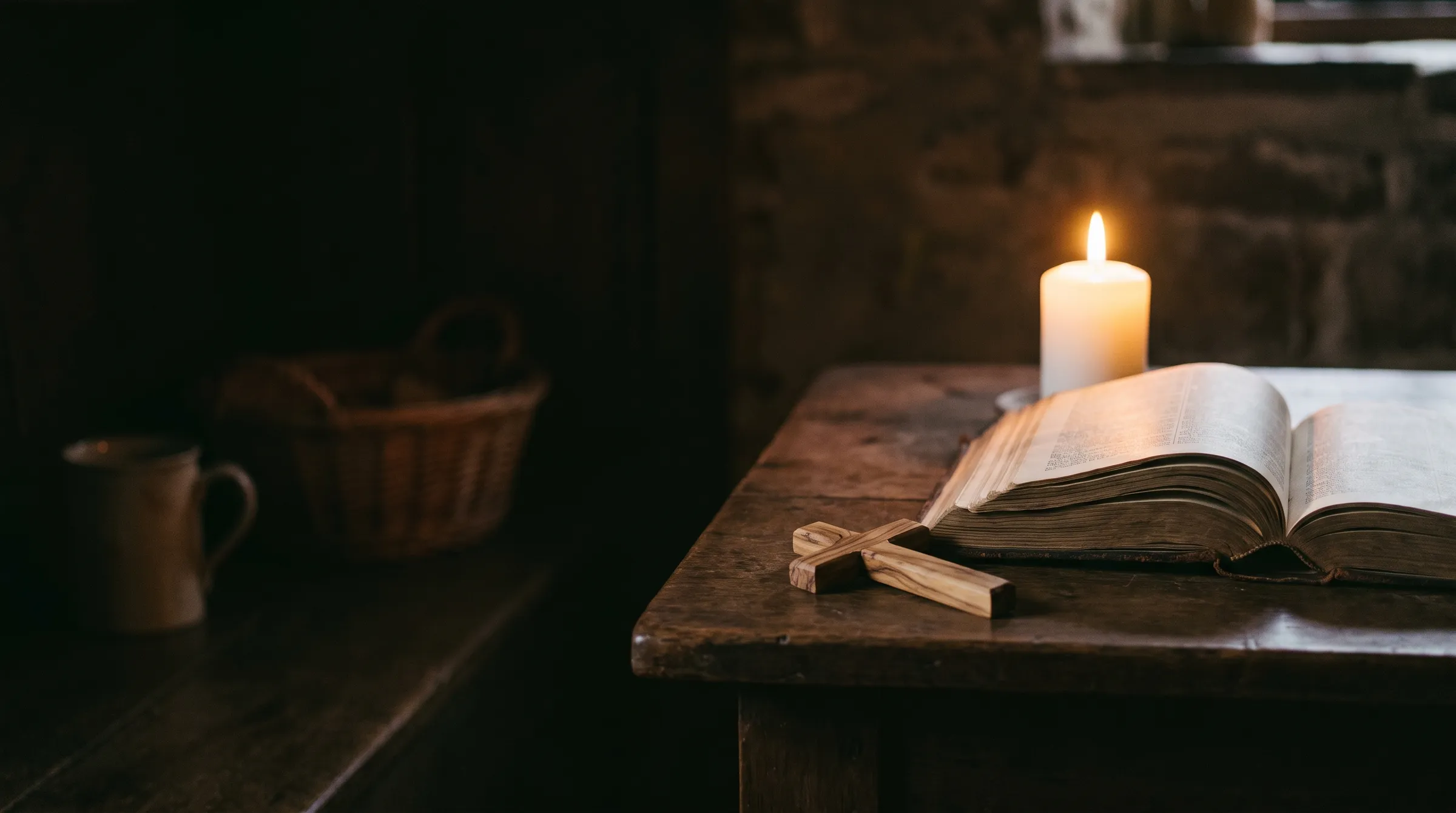 An open Bible beside a lit candle and a small olive-wood cross on a wooden table at dusk